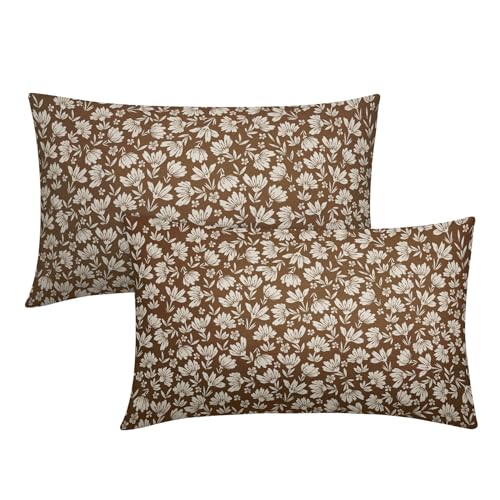 Kawani Brown Beige Daisy Floral Lumbar Pillow Covers, Vintage Flowers 12x20 Inch Set of 2, Block Print Cotton Linen Throw ...