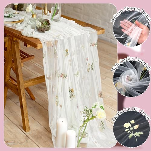 Lounsweer 3 Pcs Wildflower Table Runner 10ft/ 29 Inch x 120 Inch White Embroidery Wildflower Spring Summer Tulle Lace Runn...