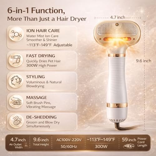 All-in-One Steam Pet Grooming Brush for Dogs & Cats, Soft Brushing with Drying & Deshedding, Calm Home Grooming Tool for D...