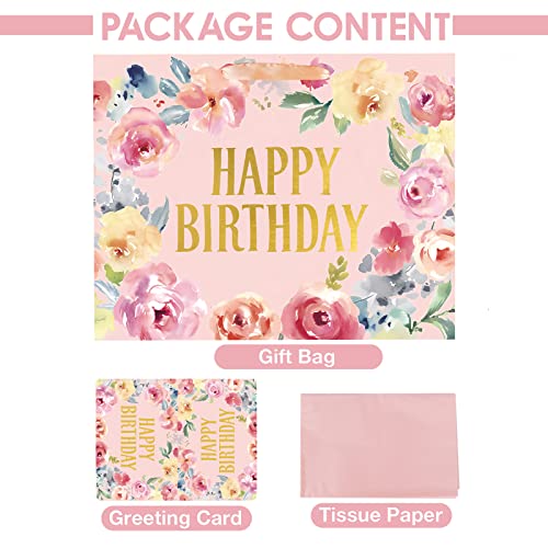 13" Large Happy Birthday Gift Bag with Card and Tissue Papers, Handles Floral Design for Women Girls Birthday Party (13" P...