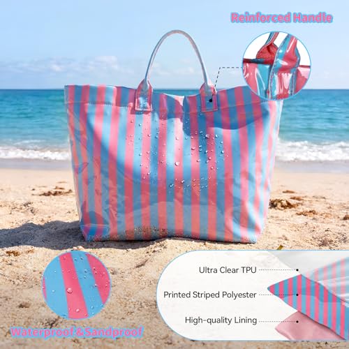 Aliceset Stylish Large Striped Tote Bag for Women Waterproof Beach Bag with Top Handles for Travel Gym Work Grocery