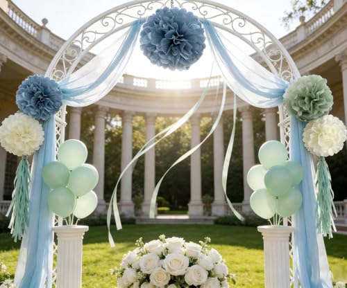 Sage-Green Dusty Blue Ivory Party-Decorations - 10-Pack Blue Green Boho Tissue Pom Poms Paper Flowers Wedding Centerpieces...