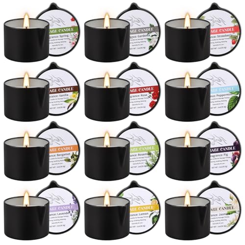 12pcs Massage Oil Candle,Moisturising Natural Soybeans Gift Sets,1oz Low Temperature Body Oil Scented Candles for Home Spa...