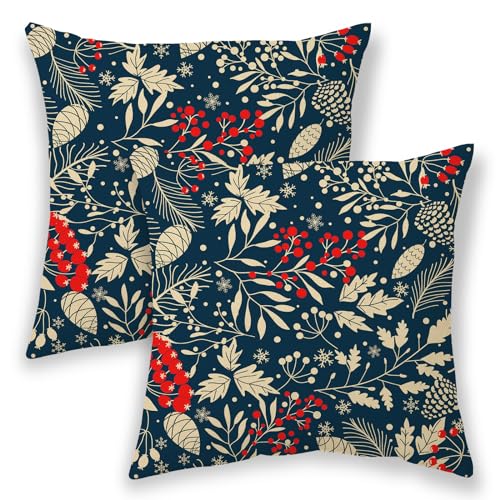 Christmas Pillow Covers 20x20 Inch 2 Pcs, Navy Blue Red Floral Decorative Throw Pillows for Couch, Xmas Winter Flower Outd...