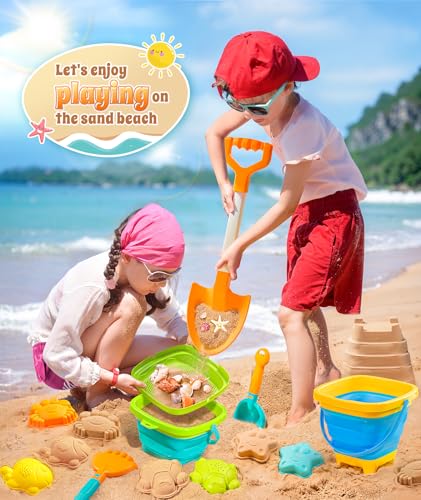DUDUCOFU Collapsible Beach Sand Toys for Kids Toddlers, Collapsible Sand Bucket with Sifter Shovels Set with Mesh Bag and ...