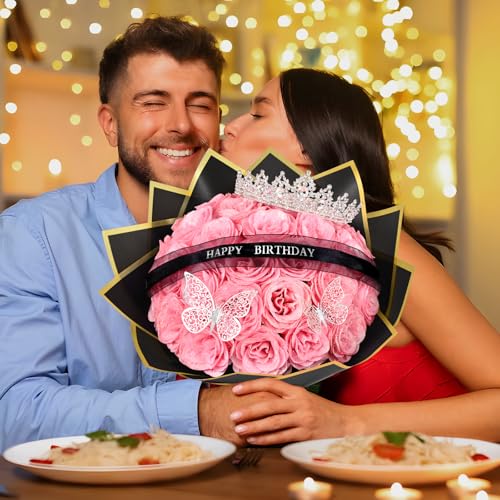 Waipfaru Glitter Roses Bouquet,Birthday Gifts for Women Mom,DIY Fake Flowers Bouquet with Birthday Stand-Up Signs,36 Pink ...