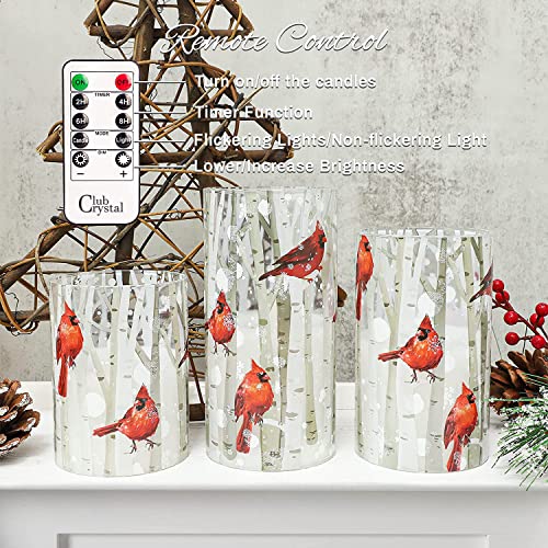 Crystal Club Flameless Candles, Cardinal Theme, (Set of 3) Battery Operated LED Candles with Remote, Real Wax & Glass Effe...