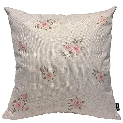 HOSNYE Floral Polka Dot Background Throw Pillow Case Cushion Covers Shabby Chic Style Pattern with Pink Roses Cotton Linen...