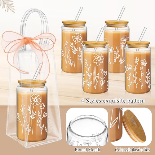 Mumufy 6 Sets Boho Floral Glass Cups with Clear Gift Bag 16 oz Reusable Flower Iced Coffee Mugs Aesthetic Cute Tumbler wit...