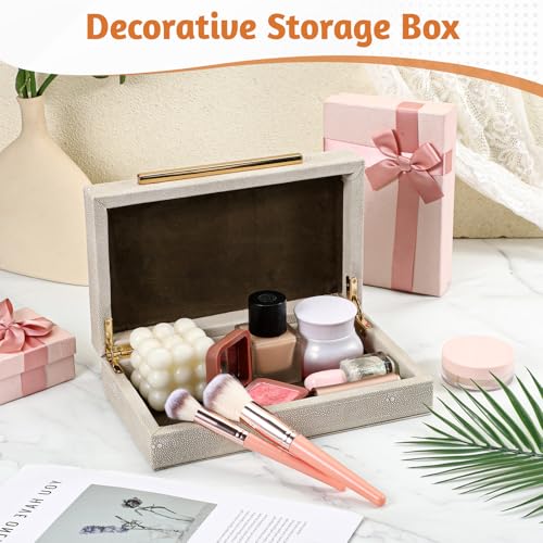 AOZUO Ivory Shagreen Decorative Box Faux Leather Keepsake Case Memory Storage Boxes with Gold Metal Handle Home Jewelry Or...