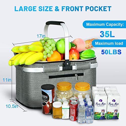 LIQING 35L Large Picnic Basket 2 Layers of Internal Pockets Leak-Proof and Insulated ，Folding with Internal Support for en...