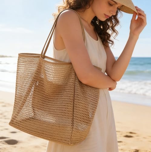 houlishu Women's mesh beach bag, summer travel mesh tote bag with large inner pocket, essential for pool vacation beach