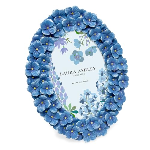 Laura Ashley 4x6 Blue Hydrangea Flower Textured Hand-Crafted Resin Oval Picture Frame with Easel & Hook, Tabletop & Wall D...