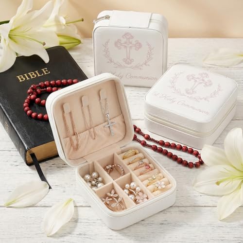 2PCS First Communion Gifts Travel Jewelry Box, 3.94x3.94x1.97 in White PU Leather Case, Religious Cross Flower Jewelry Cas...