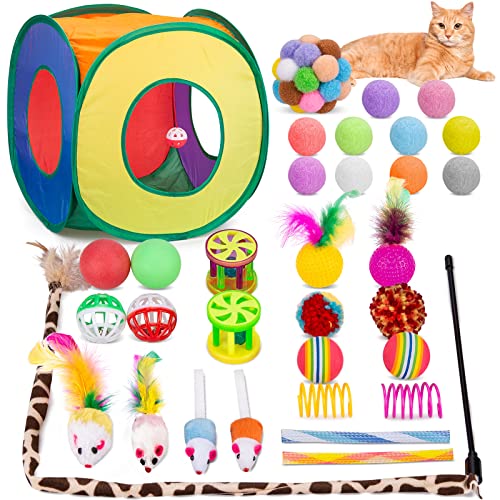 Retro Shaw Cat Toys Pack 33Pcs, Interactive Kitten Toys for Indoor Cats Kitty with Collapsible Play Tunnel Tent, Feather T...