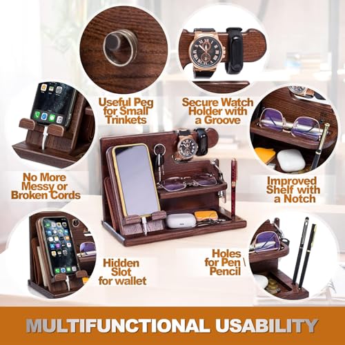 TESLYAR Wood Phone Docking Station for Men - Desk or Nightstand Organizer - Birthday Gifts for Husband, Dad - Anniversary ...