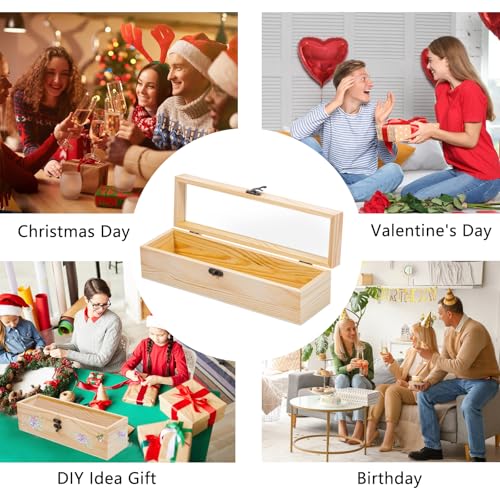 Useekoo Unfinished Wooden Box with Hinged Glass Lid, 11.8" x 3.3" x 3.2" Wood Wine Box, Decorative Keepsake Box for Gift, ...