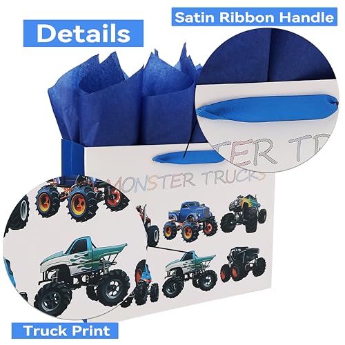 13" Large Birthday Gift Bags Set with Greeting Card and Tissue Paper (Monster Trucks Design) for boys, Kids, Baby boy,Baby...