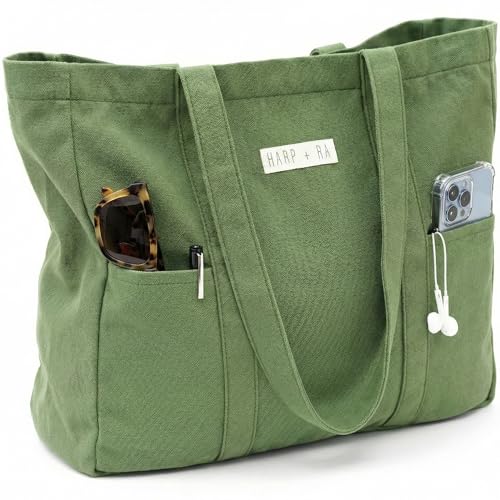26L Harp + Ra XL Soft Unstructured Canvas Tote Bag for Women, Open Top, No Zipper, Laptop Sleeve, 3 Pockets, 23x18x7 in | ...