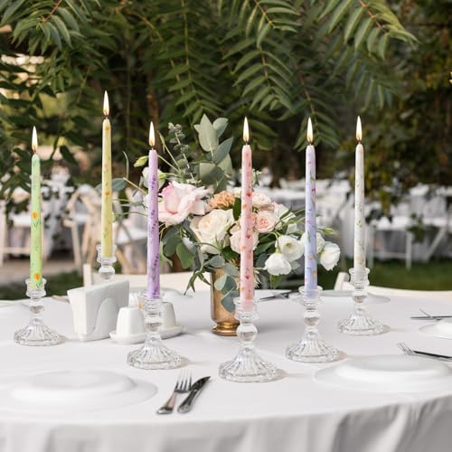 Conelist 6 Pcs 9.8" Floral Long Taper Candles Blue and White Porcelain Candlesticks Tall Smokeless Unscented Tapered Candl...
