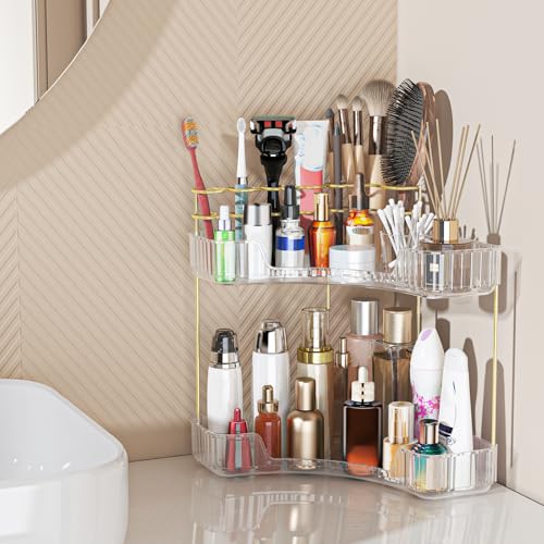 Webetop Corner Makeup Organizer for Vanity, 2 Tier Bathroom Cosmetics Organizer Countertop with Make up Brush Holder Corne...