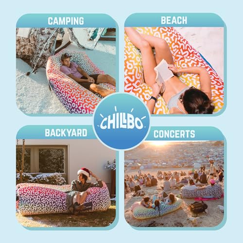 Chillbo Inflatable Couch – Unique Designs - No-Pump Setup, Ripstop Polyester, Stability Pegs, Fun Prints - Portable Air In...