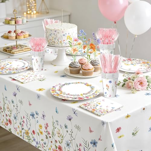 Wildflower Party Decorations – Plates, Cups, Napkins, Cutlery, Banner, Tablecloth, Balloons, Honeycomb Centerpieces for Sp...