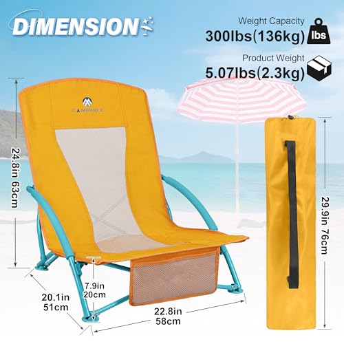 Low Beach Chairs 2 Pack,Folding Compact Low Seat Chairs for Adults w/Mesh Back & Storage Bag,Heavy Duty Chair for Outdoor ...