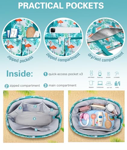 HUANLANG Large Beach Bags for Women Pool Bag with Zipper, Waterproof Sandproof Beach Tote Travel Bag with Wet Pocket | Wat...