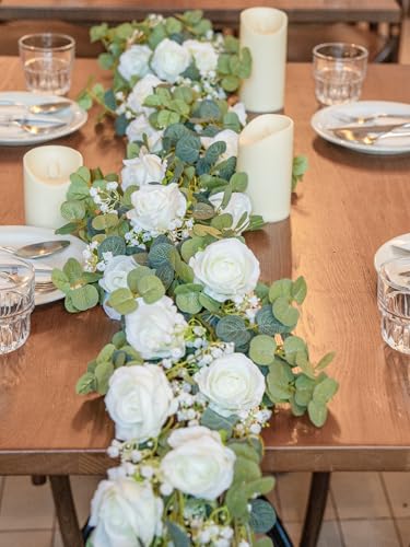 6FT Artificial Eucalyptus Garland with Flowers, 10 White Roses Baby Breath Garland Floral Greenery for Wedding Party Cente...