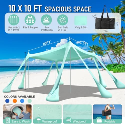 Ahititi Beach Tent Sun Shelter Beach Canopy Tent Sun Shade Pop Up 10x10 UPF50+ with 8 Sandbags-2 Sand Shovel-Portable 4 Al...