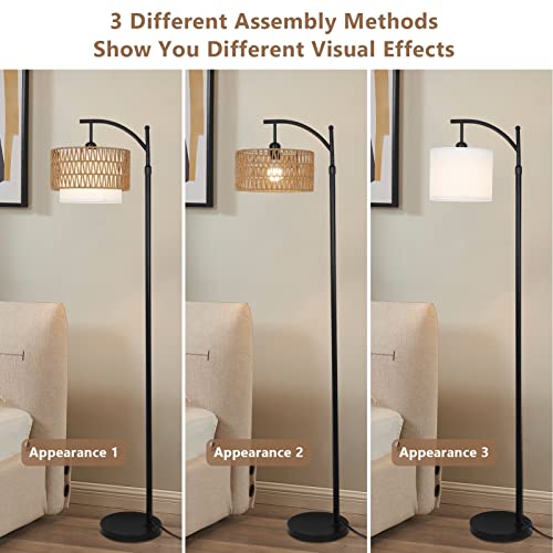 Arc Floor Lamp for Living Room with 3 Color Temperatures, Farmhouse Floor Lamps with Remote & Dimmable Bulb, Boho Standing...
