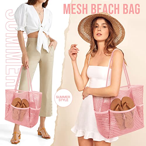KPX Beach Bag with Mini Pocket, Summer Beach Tote Bags for Women Large Foldable Mesh Swimming Pool Travel Bags - Sandproof