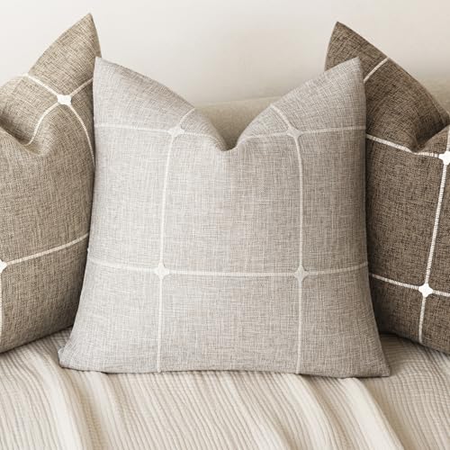 Foindtower Pack of 2 Decorative Faux Linen Jacquard Check Throw Pillow Covers Farmhouse Cushion Cover with Grid Textured A...