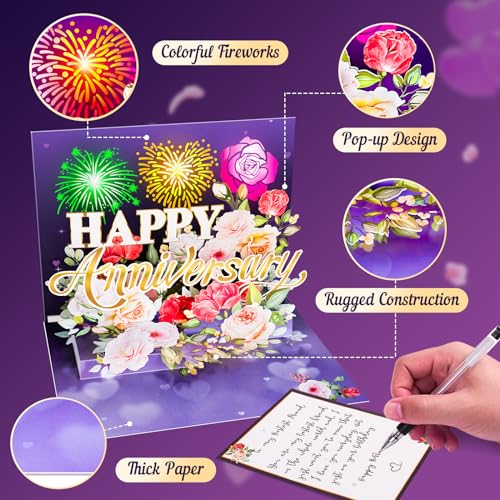 Anniversary Card, Music & Light Pop up Valentine's Card with Fireworks Flowers Gifts for Him Her Husband Wife Couple (Purple)
