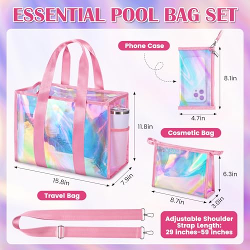 ComfyKit Iridescent Beach Tote Bag for Women - Waterproof Pool & Swim Bag with Detachable Makeup Case & Phone Pouch