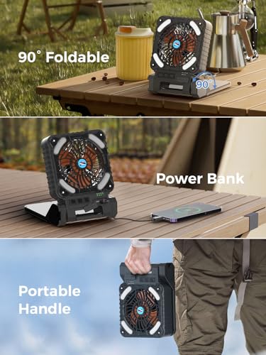 Smiling Shark Camping Fan with LED Lantern, USB Rechargeable Solar Camp Fan with 4 Speeds Powerful Wind & 3 Timer 90° Fold...