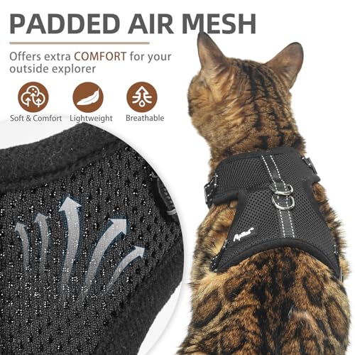 PUPTECK Cat Harness and Leash Set Escape Proof, Reflective Adjustable Soft Mesh Kitten Vest Harness for Walking Travel, Bl...