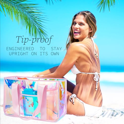 Fammart Iridescent Clear Beach Bags Waterproof Sandproof for Women, Large Jelly Tote Zipper Pool Bag Cruise Essentials 2026