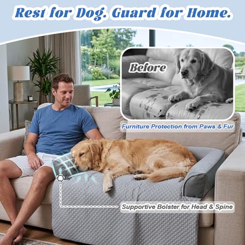 GGIB Cooling Dog Bed Mat with Bolster Pillow Washable Dog Couch Cover Breathable Summer Pet Couch Bed Protector Indoor(Lar...