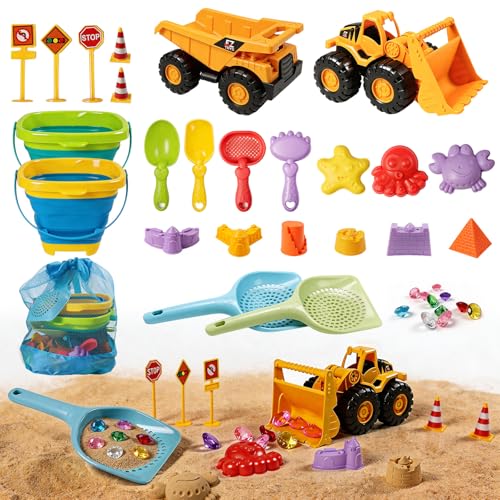 UBeesize 37 PCS Beach Toys , 3-in-1 Construction & Treasure Hunt Sand Toys with 2 Collapsible Buckets, 2 Trucks, Castle Bu...