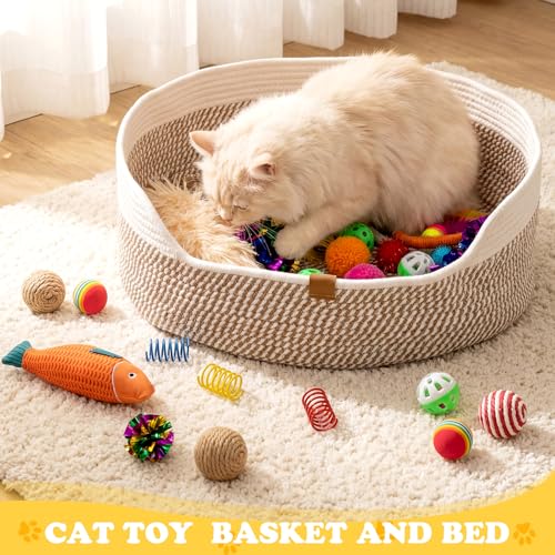 Leitee Valentine's Day Cat Bed Storage Basket with 40 Pcs Cat Variety Toys Pack Set Includes Pillows, Spring Toy, Chew Rop...