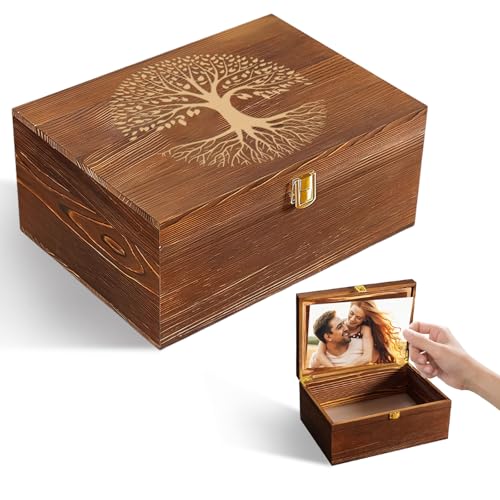 LUHUADUO Wooden Keepake Box, Large Tree of Life Storage Memory Box with Hinged Lid for Storing Photo, Jewelry, Gifts, Deco...