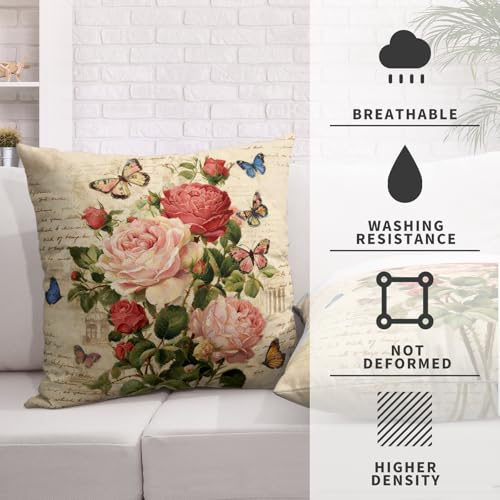 Kwlegh Vintage Rose Flower Pillow Covers Spring Summer Butterfly Floral Throw Pillow Covers 18x18 Set of 2 Rustic Rose Far...