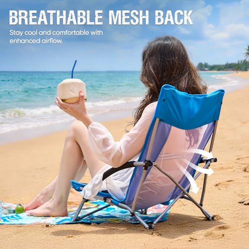 Old Bahama Bay Folding Beach Chair 2 Pack, Beach Chairs for Adults Low Beach Camping Chair with Cup Holder Mesh Back for O...