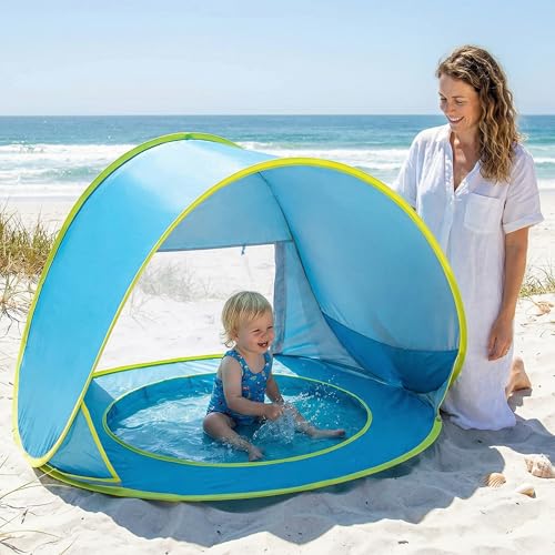 Outdoor Beach Tent with Built-in Kiddie Pool, UPF50+ Sun Shade Canopy, 190T Waterproof Nylon, Portable Cabana for 3-4 Pers...