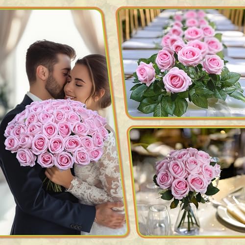 Jefuzh 50 PCS Fake Pink Roses, Artificial Flowers Bulk Realistic Silk Faux Rose with Stems for Wedding Decoration Bridal B...