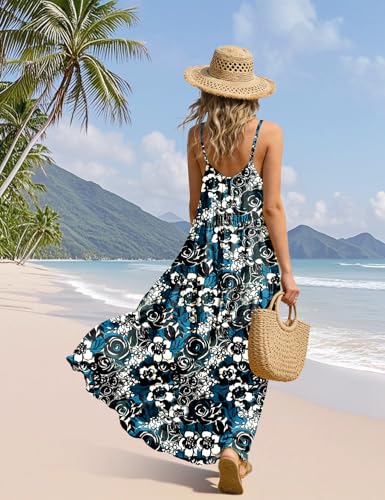 YESNO Summer Bohemian Floral Dresses for Women Spaghetti Straps Maxi Dress Casual Flowy Dresses with Pockets ES0