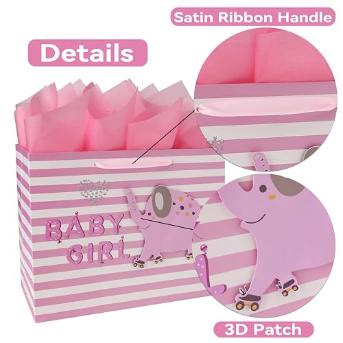 wishinside 13" Large Pink Gift Bag Set with Greeting Card and Tissue Paper(3D elephant) for Baby Girl,Baby Shower,Kids Bir...