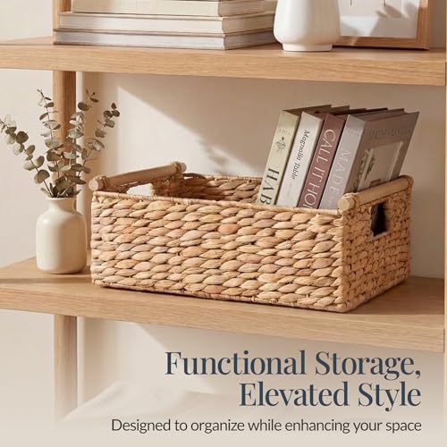 Best Choice Products Wicker Storage Basket, Shelf Organizer Basket w/Wooden Handles, Woven Rectangular Storage Bin, Natura...